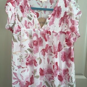 BiBi Watercolor Floral Blouse in Pink and White